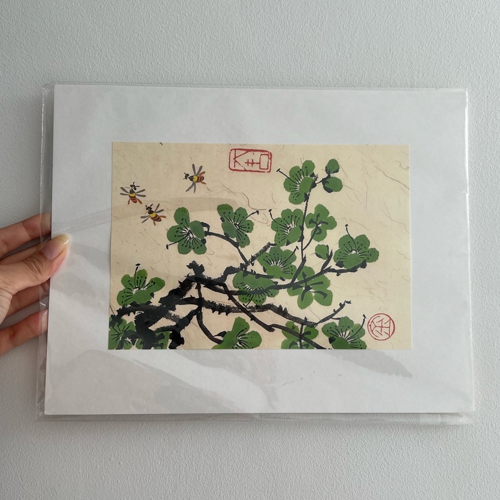 Chinese Calligraphy Green Cherry Blossom Painting